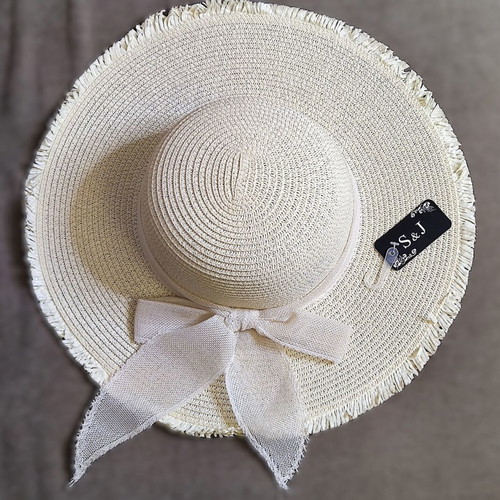 Women's Straw Hat new, off-white with bow and frayed edges