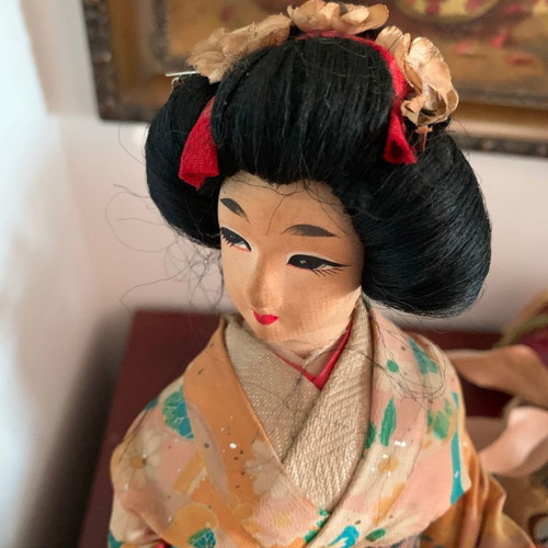 Japanese Geisha Doll used, 1960s with handmade clothes on wooden base