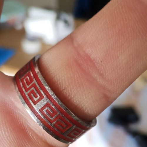 Men's Unisex Stainless Steel Ring with Greek Meander, Red/Silver