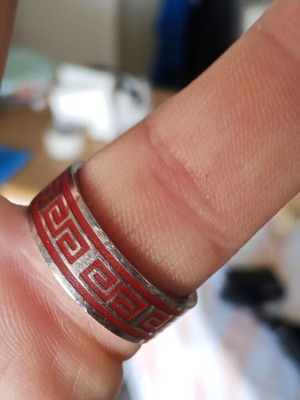 Men's Unisex Stainless Steel Ring with Greek Meander, Red/Silver