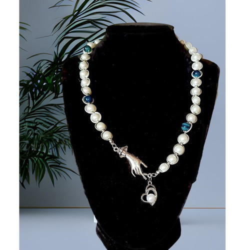 Handmade necklace with white pearls, blue tiger eye and metal elements new