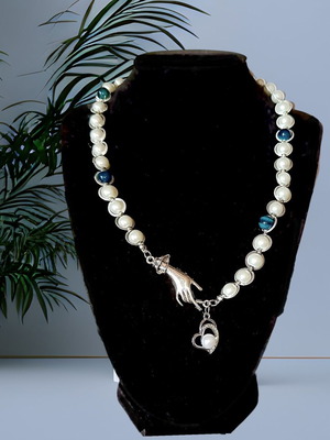 Handmade necklace with white pearls, blue tiger eye and metal elements new