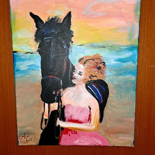 Handmade painting Sunset Meeting like new