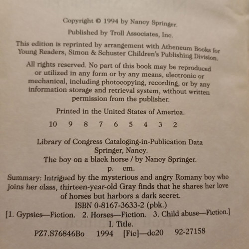 Βιβλίο The Boy on a Black Horse της Nancy Springer 1994