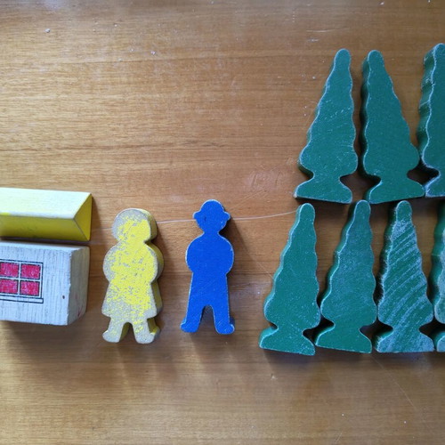 IKEA LILLABO wooden figures and trees used, set of 11 pieces