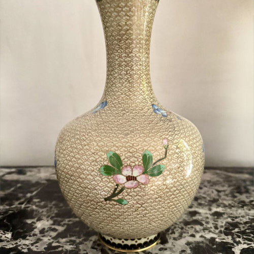 Pair of large Cloisonné vases 34 cm new with wooden bases