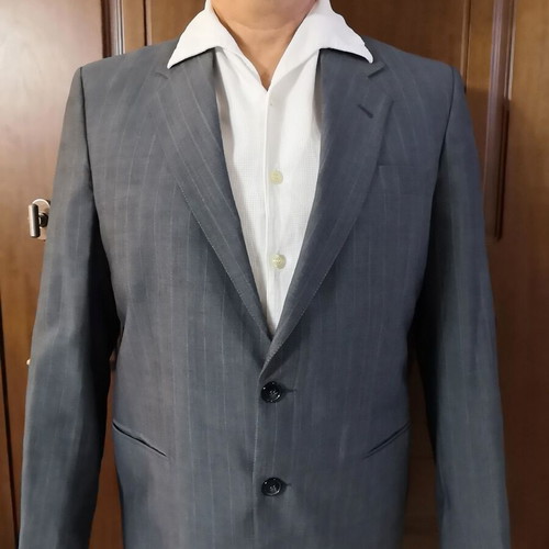 Gray striped men's summer suit by E. Loumos, used, size 50 jacket, altered pants