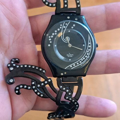 Swatch jewelry watch black with stones like new