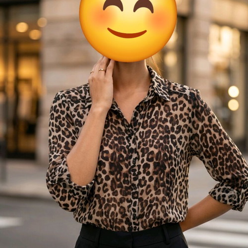 Leopard print shirt refurbished, size S, polyester, beige and brown