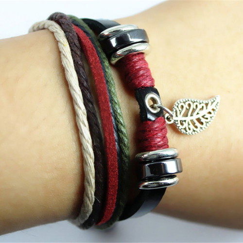 Unisex Handmade Leather Boho Bracelet with Metal Leaf like new