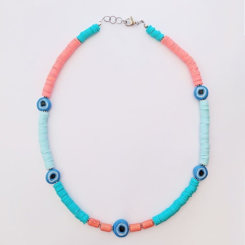 Handmade necklace with semi-precious stone chalcedony, Fimo beads and ceramic eyes