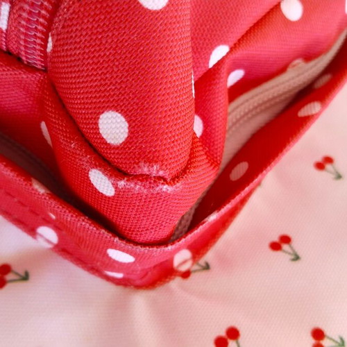 School bag used, pink with cherry and polka dot pattern