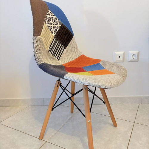Patchwork fabric chair with wooden legs, used, vintage/scandi style