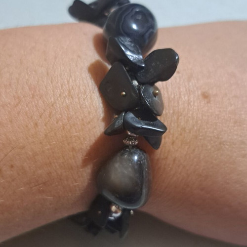 Obsidian chip bracelet with silver beads