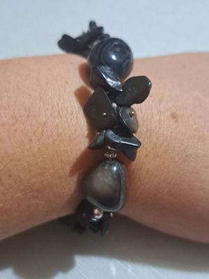 Obsidian chip bracelet with silver beads