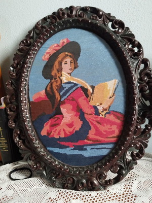 Embroidered frame used with matte glass and dark brown frame