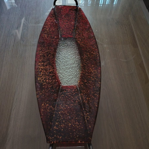 Decorative elongated glass platter like new with red and gold crackle on metal base
