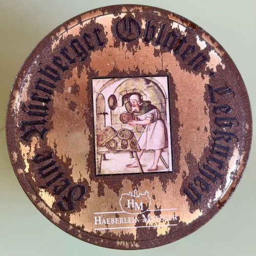 Vintage metal tin box Haeberlein-Metzger with Nuremberg city illustration