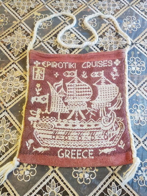 Vintage Eipirotiki Cruises woven bag used, ship design in burgundy and white