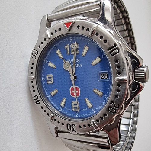 Swiss Military men's watch used, blue dial, silver bracelet