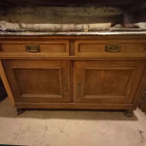 Antique solid wood cabinet with black marble top, used