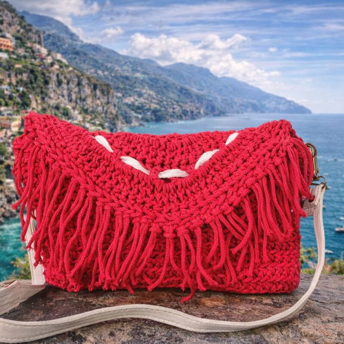 Boho crossbody bag red handmade with fringe and knitted material