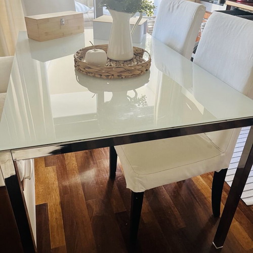 IKEA kitchen table with metal frame and white sandblasted glass, like new