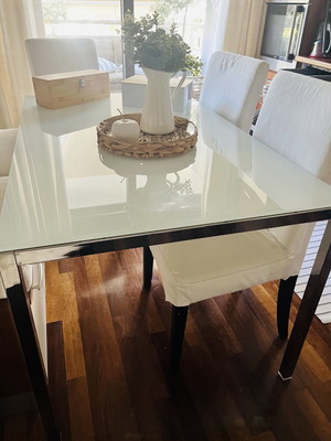 IKEA kitchen table with metal frame and white sandblasted glass, like new