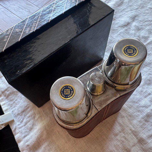 Italian leather flask with two metal cups travel bar set vintage