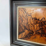 Vintage pyrography wall art with elderly woman and artist signature, 65x79