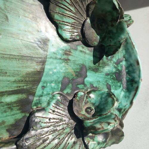 Ceramic serving tray used, handmade green