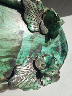 Ceramic serving tray used, handmade green
