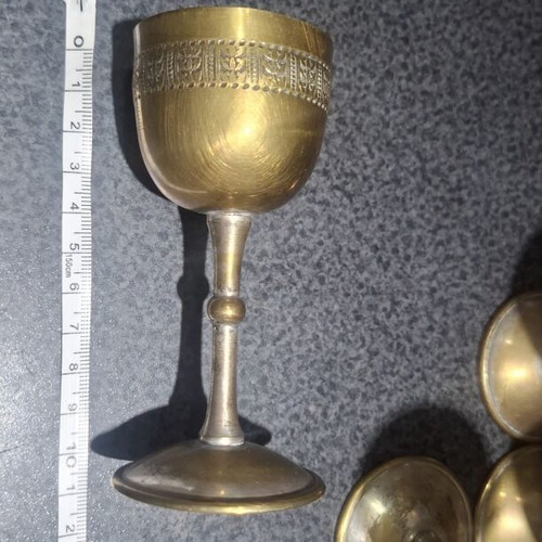 Liqueur glasses set of 6 used, vintage bronze with silver plating