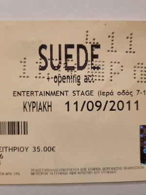 Suede concert ticket used, September 11 2011
