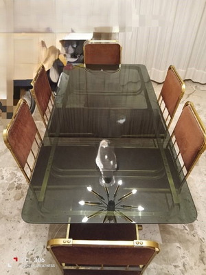 Vintage 1980 dining table with bronze and smoked glass, used with 6 chairs