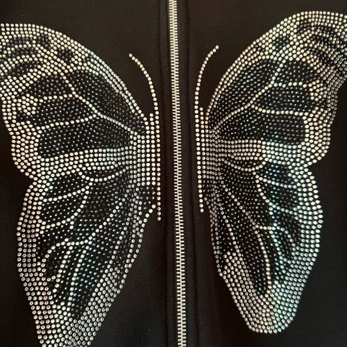 Black anorak with silver stone butterfly and hood size S like new, 100% cotton