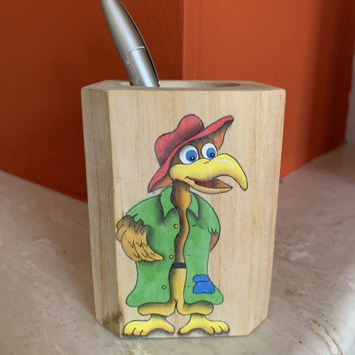Wooden pencil holder new with vintage cartoon bird painting
