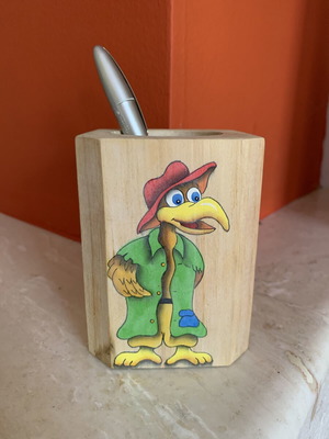 Wooden pencil holder new with vintage cartoon bird painting