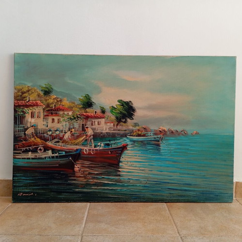 Oil Painting on Canvas by Nikos Papadopoulos, Like New, Island Theme
