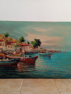 Oil Painting on Canvas by Nikos Papadopoulos, Like New, Island Theme