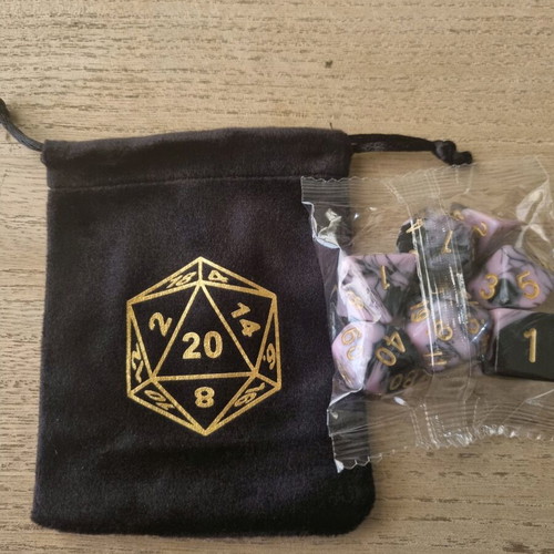 Dice set 7pcs pink black with pouch for Dungeons and Dragons RPG like new