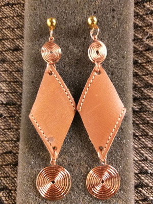 Earrings with leather rhombus and copper spirals handmade