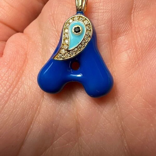 Monogram A necklace pendant new, electric blue with gold details