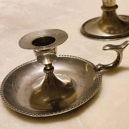 Vintage candlesticks used, set of three, including silver-plated blaker