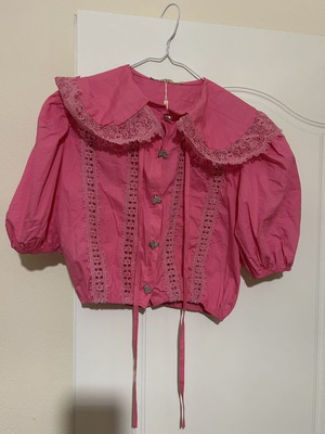 Coquette Pink Crop Πουκάμισο με Δαντέλα και Κουμπιά Καρδιές καινούργιο