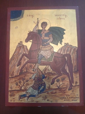 Handmade Byzantine Icon of Saint Demetrios the Myroblyte on Wood, Like New
