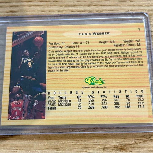 Chris Webber Michigan Rookie NBA Classic 1993 card new