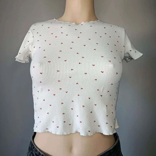 Bershka Cherry Crop Top white ribbed, like new, size XS