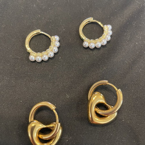 Gold-plated heart and pearl hoop earrings, stainless steel, 2 pairs