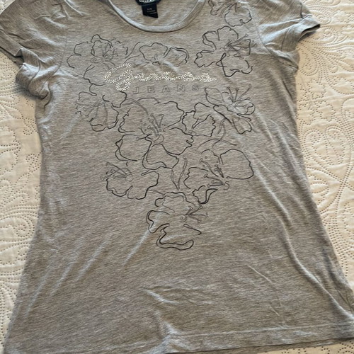 Guess women's T-shirt used, grey with black tropical flower design, size L